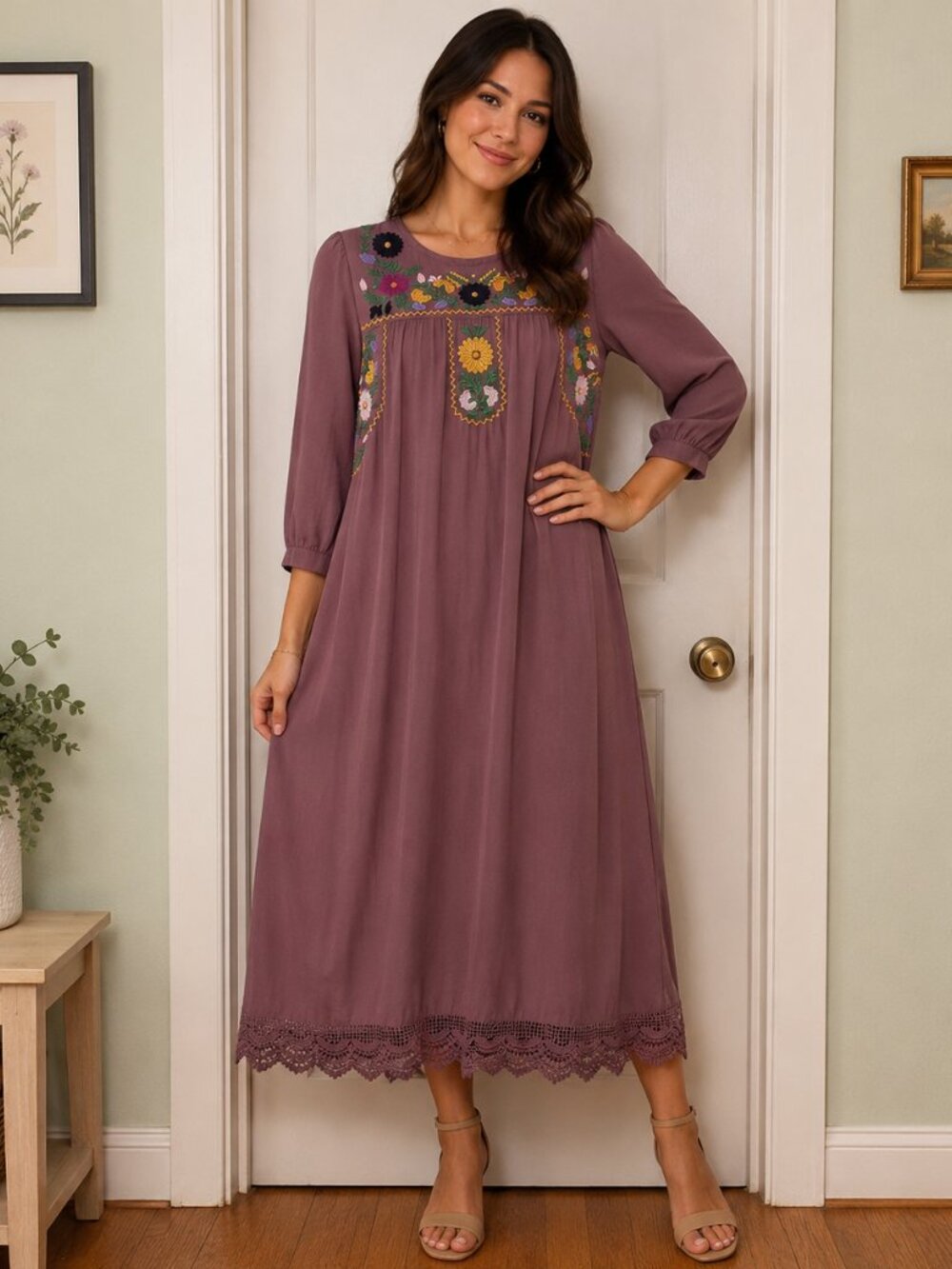 tea n rose Mauve Embroidered Floral Long-Sleeve Midi Dress
